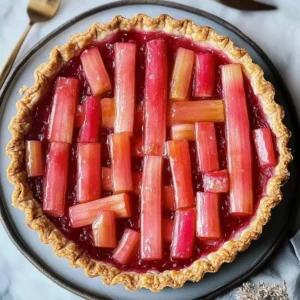 Delicious Vegan Rhubarb Tart topped with fresh rhubarb and served on a white plate