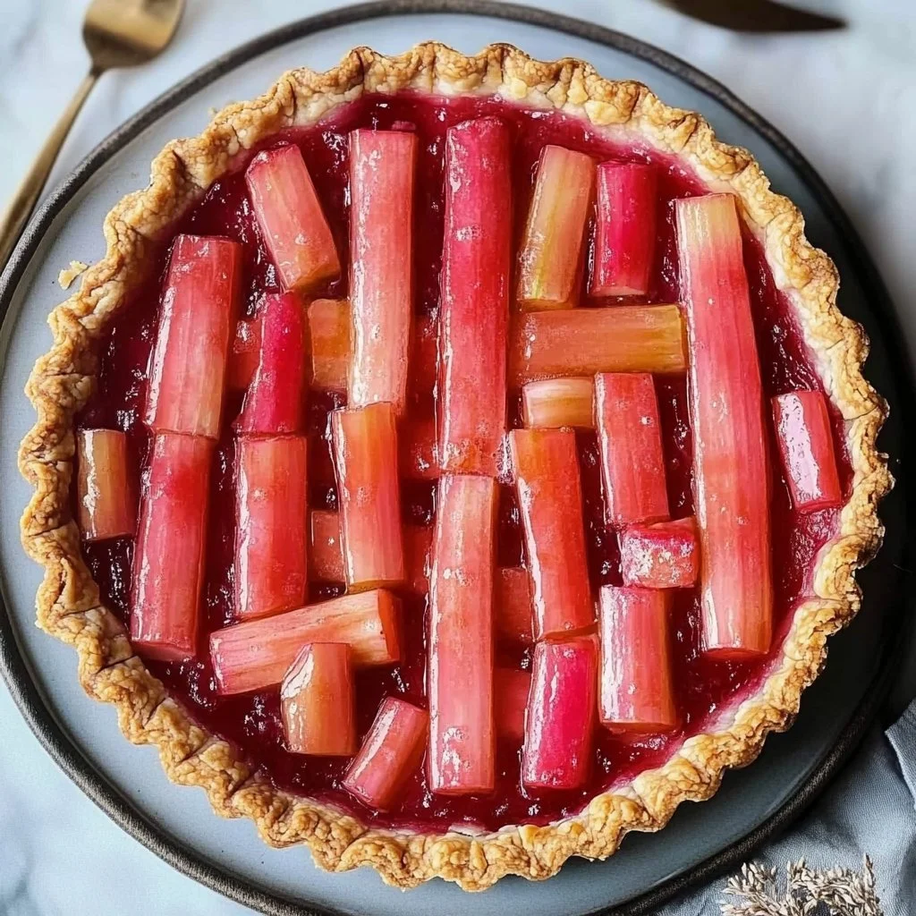 Delicious Vegan Rhubarb Tart topped with fresh rhubarb and served on a white plate