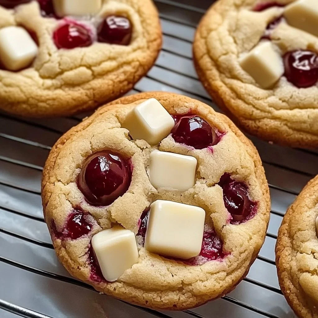White chocolate cherry cookies on a plate, showcasing their delicious layers of flavor.