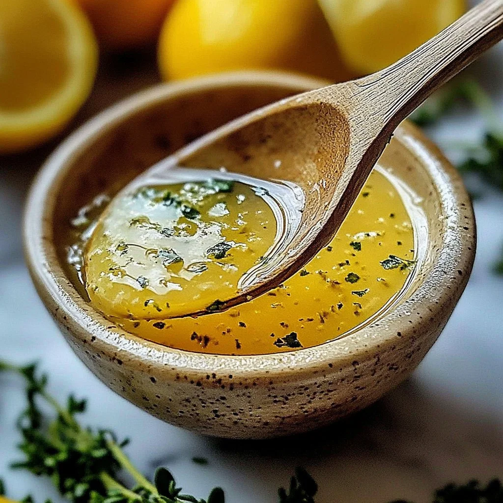 Zesty lemon vinaigrette dressing in a bowl with fresh ingredients