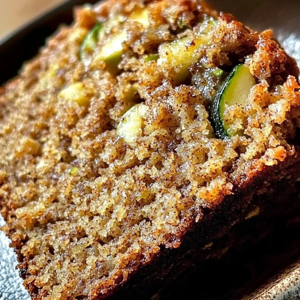Slice of apple cinnamon zucchini bread on a wooden cutting board