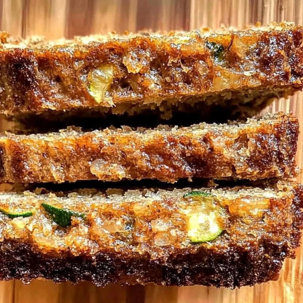 Delicious slice of moist zucchini bread on a rustic wooden table