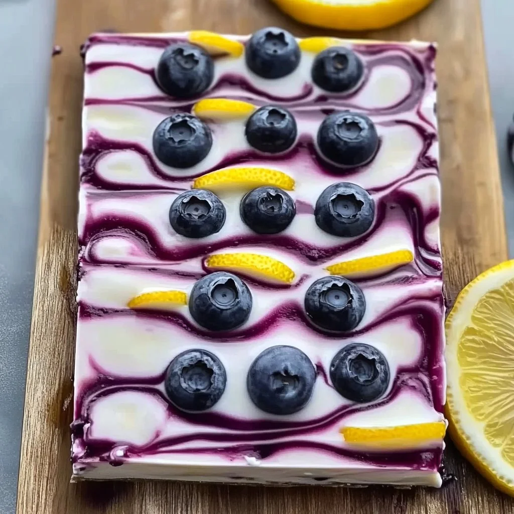 Blueberry Lemon Yogurt Bark topped with fresh blueberries and lemon zest.