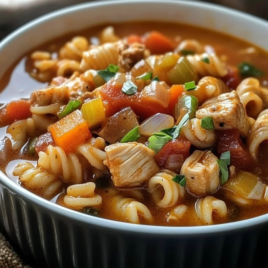 Bowl of delicious Cajun Chicken Pasta Soup garnished with herbs and spices