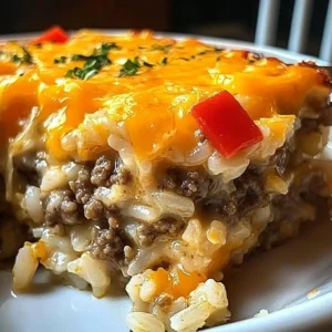 Cheesy Hamburger Rice Casserole topped with melted cheese and fresh herbs.