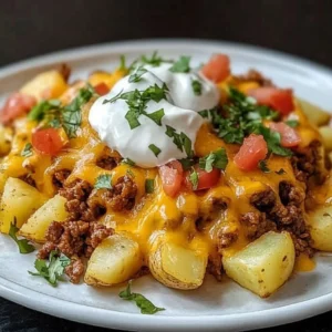 Cheesy taco potatoes topped with melting cheese and spices in a bowl