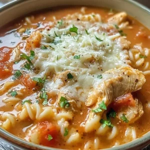 A steaming bowl of Chicken Parmesan Soup garnished with cheese and herbs