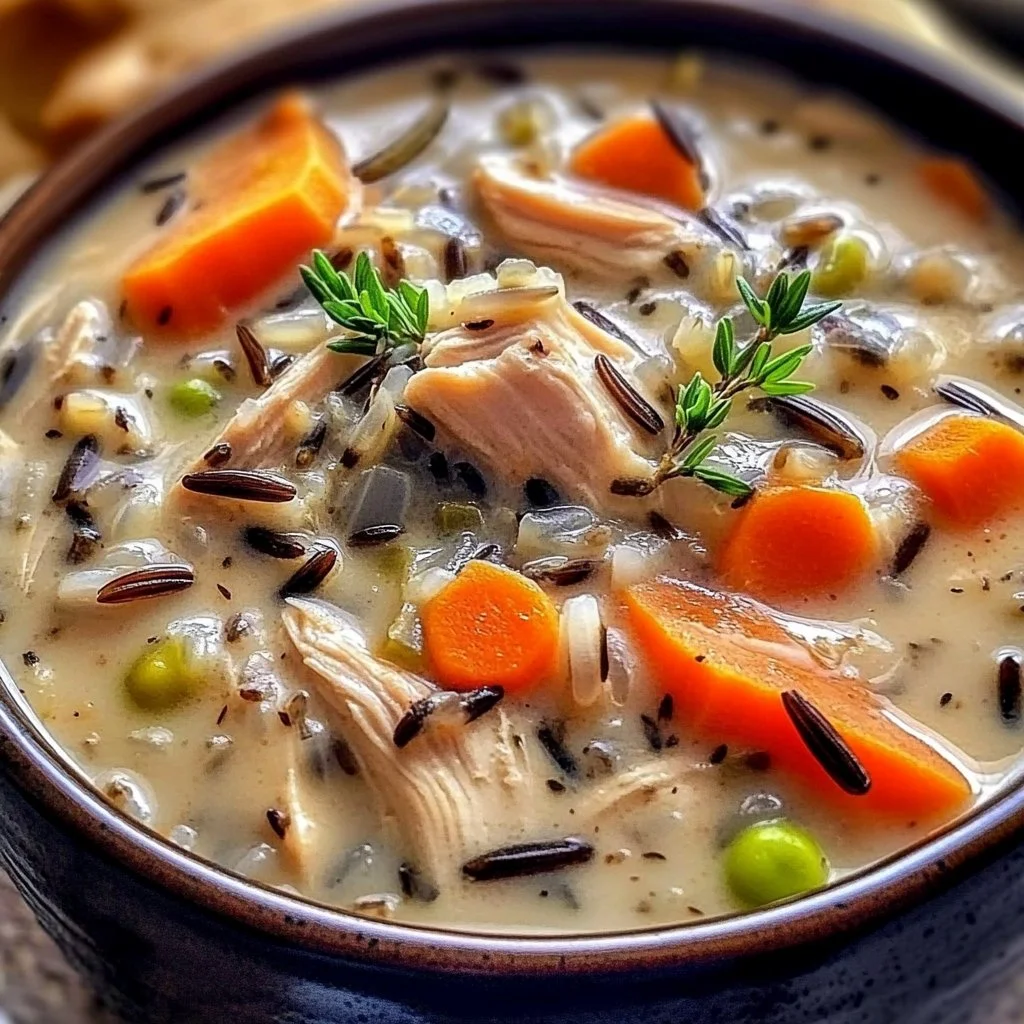 Bowl of Chicken Wild Rice Soup garnished with parsley and served with bread.