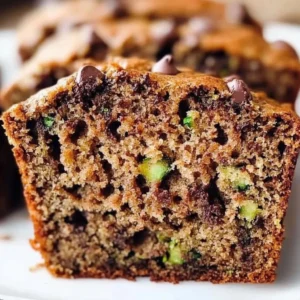 A loaf of chocolate chip zucchini bread with slices showing chocolate chips and zucchini.