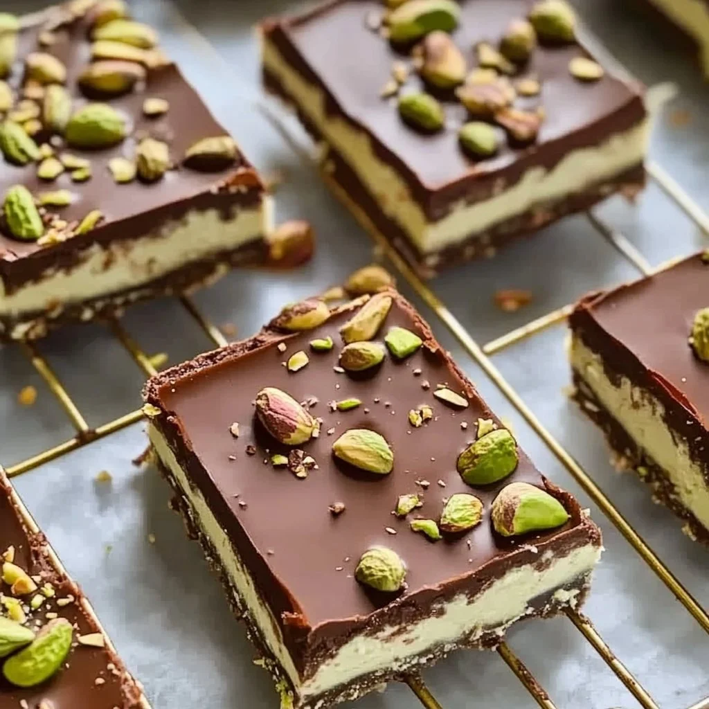 Delicious Chocolate Pistachio Cream Pie Bars with layers of chocolate and pistachio