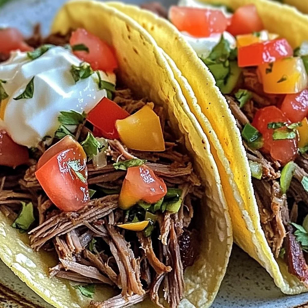 Delicious chuck roast tacos served on a platter with fresh toppings.