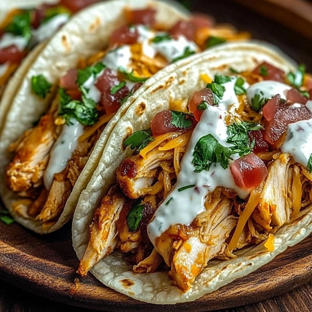 Delicious Crack Chicken Tacos garnished with fresh ingredients