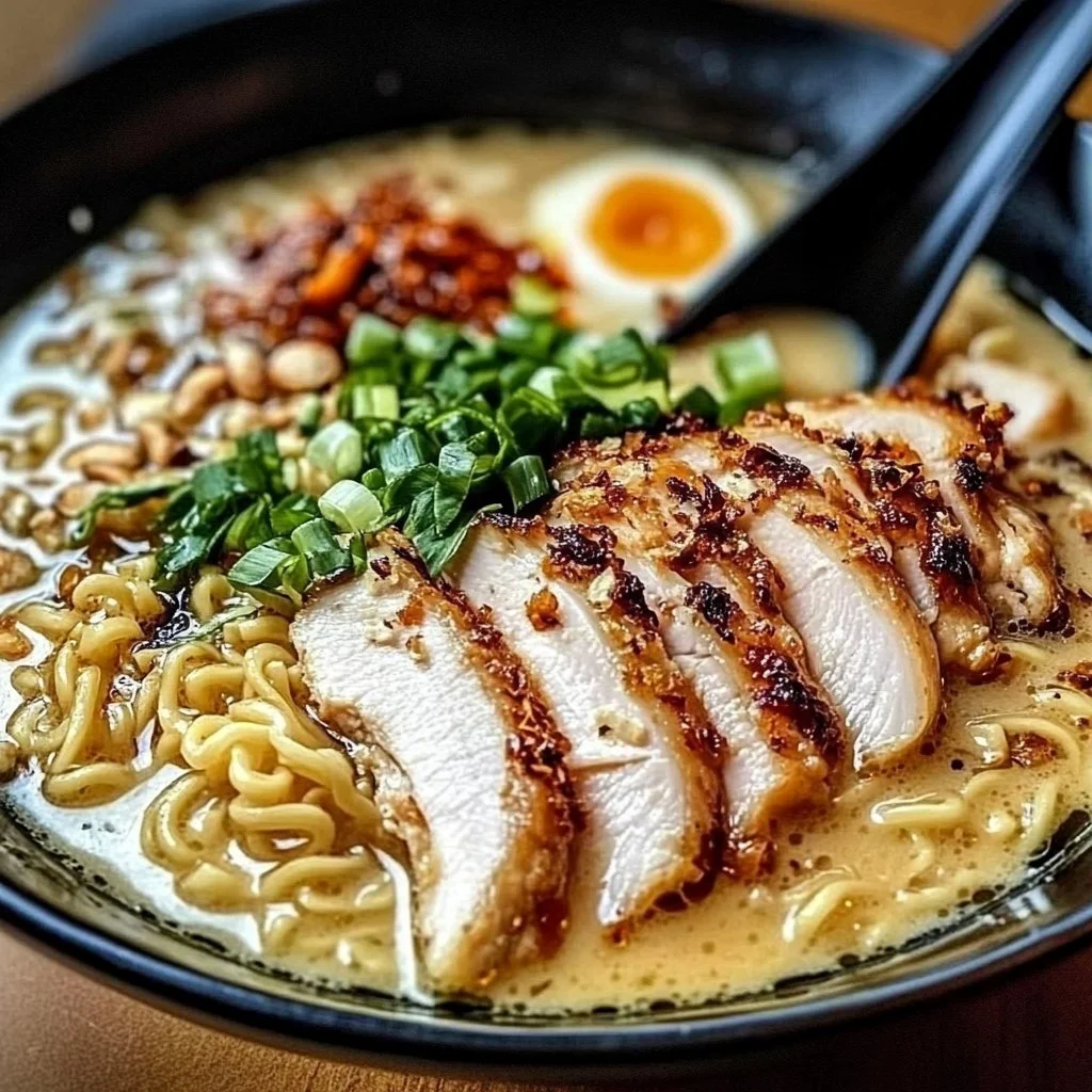 Bowl of creamy garlic chicken ramen with herbs and toppings.