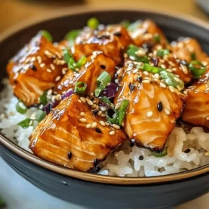 Crispy Salmon served in a rice bowl with vegetables
