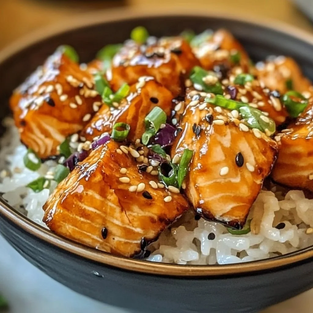 Crispy Salmon served in a rice bowl with vegetables
