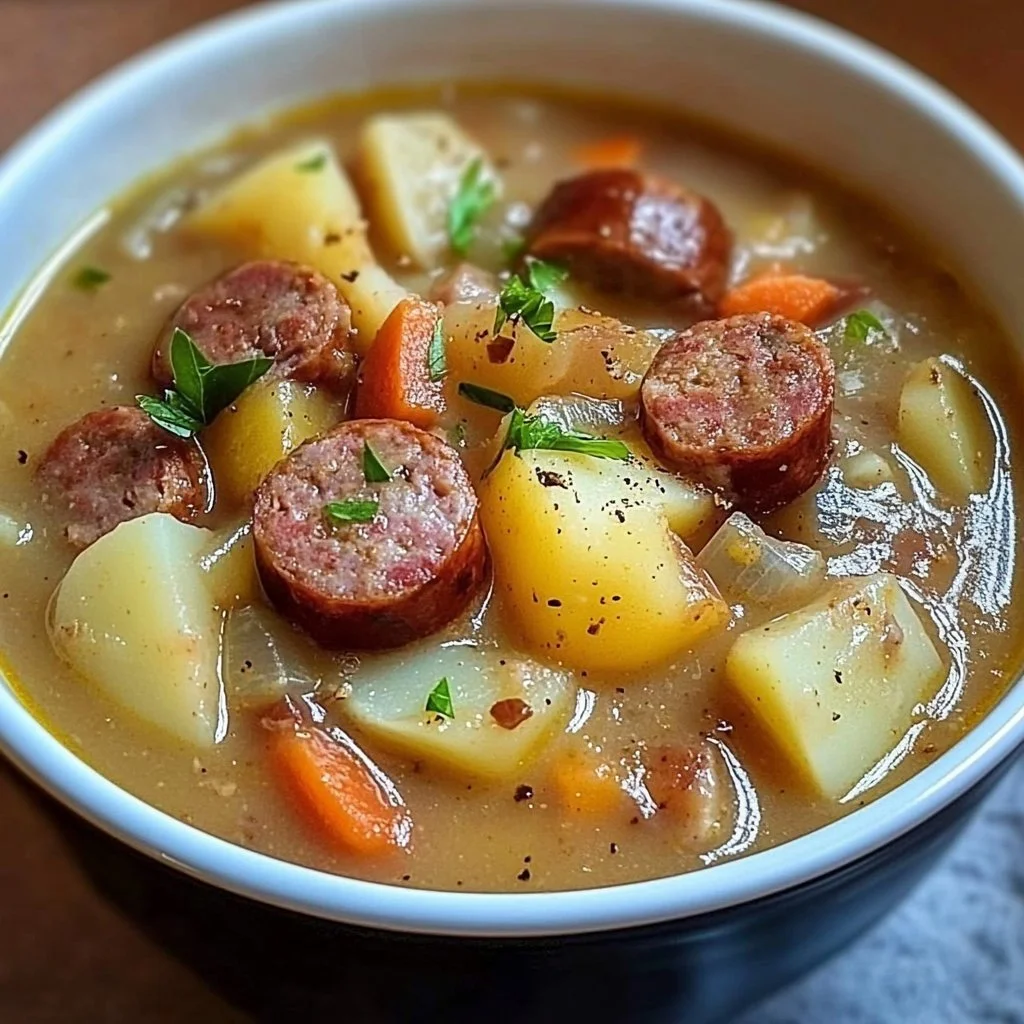 Bowl of delicious Crockpot Potato Sausage Soup with sausage, potatoes, and herbs