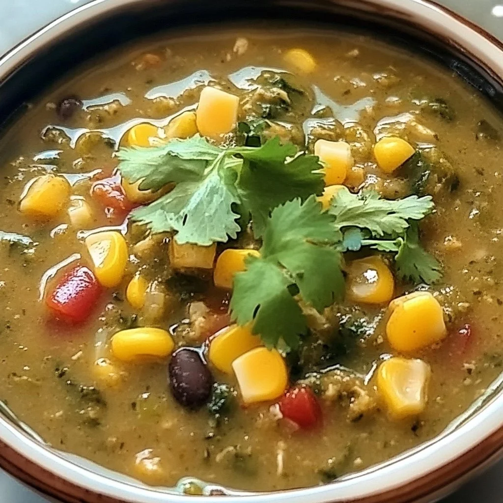 Bowl of delicious green enchilada soup with toppings