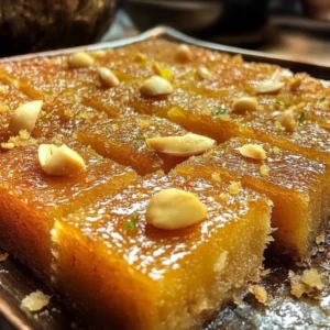 Delicious easy Basbousa cake with syrup topping served on a plate