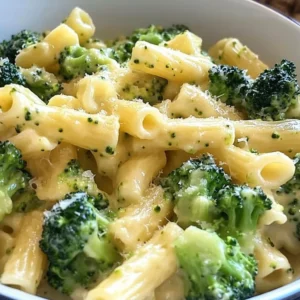 Delicious easy broccoli cheese pasta topped with melted cheese and broccoli florets