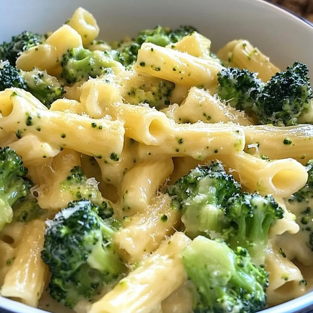 Delicious easy broccoli cheese pasta topped with melted cheese and broccoli florets