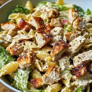 Bowl of easy Chicken Caesar Pasta Salad with greens and grilled chicken