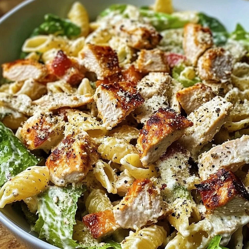 Bowl of easy Chicken Caesar Pasta Salad with greens and grilled chicken