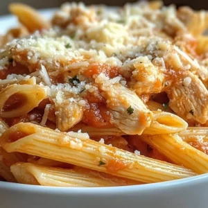 Delicious easy chicken parmesan pasta served with a side salad.