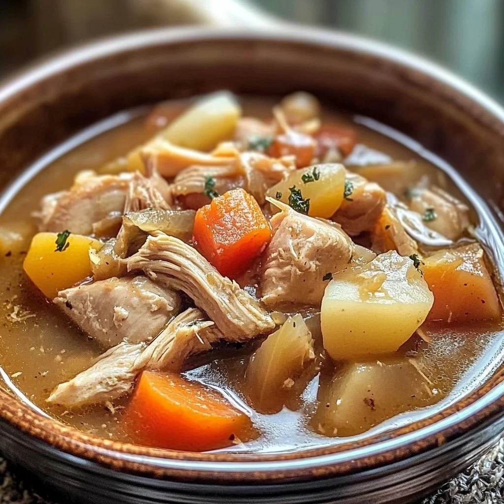 Bowl of delicious easy chicken stew with vegetables and herbs.