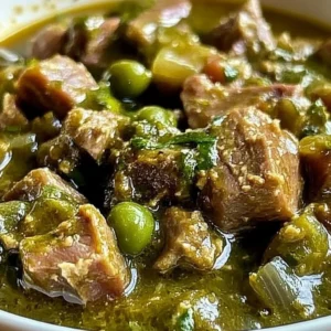 Delicious easy green chile pork served in a bowl with fresh herbs