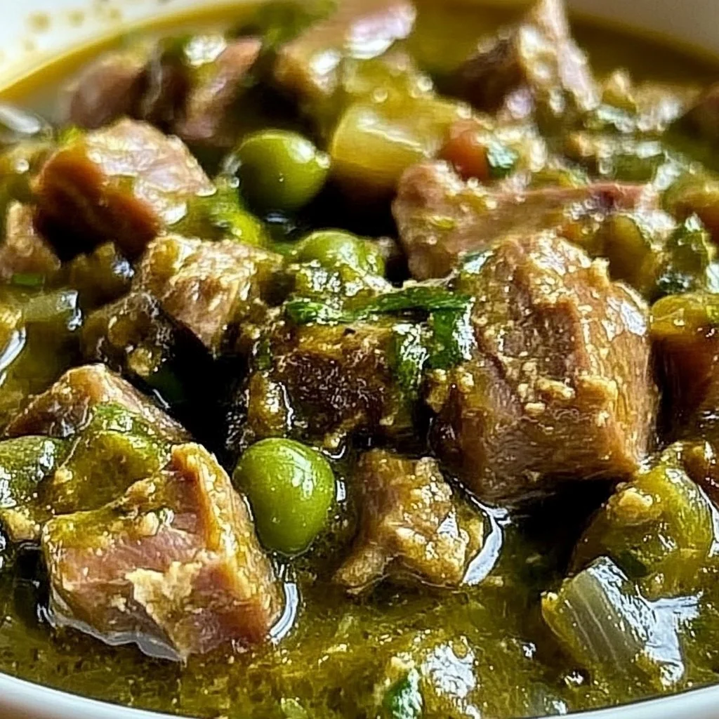Delicious easy green chile pork served in a bowl with fresh herbs