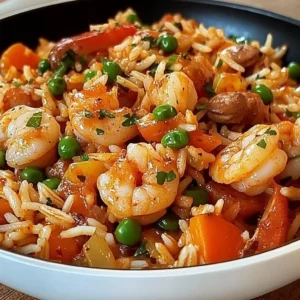 Delicious one-pan jambalaya featuring seafood, sausage, and spices.
