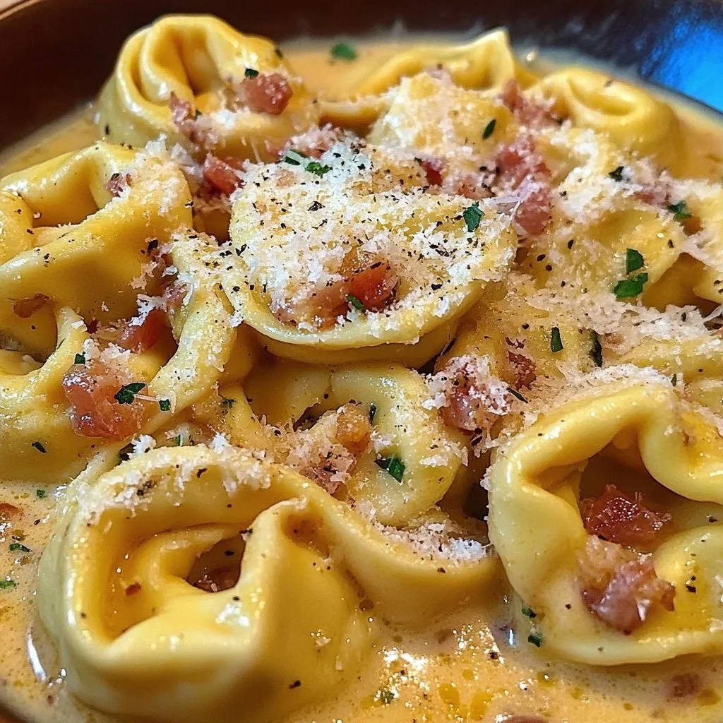 A delicious plate of easy tortellini carbonara topped with parmesan cheese