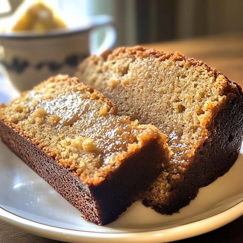 Slice of moist English Ginger Tea Loaf on a plate, perfect for tea time.