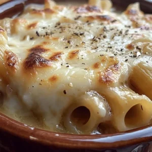 Bowl of hearty French Onion Pasta Soup topped with melted cheese and fresh herbs