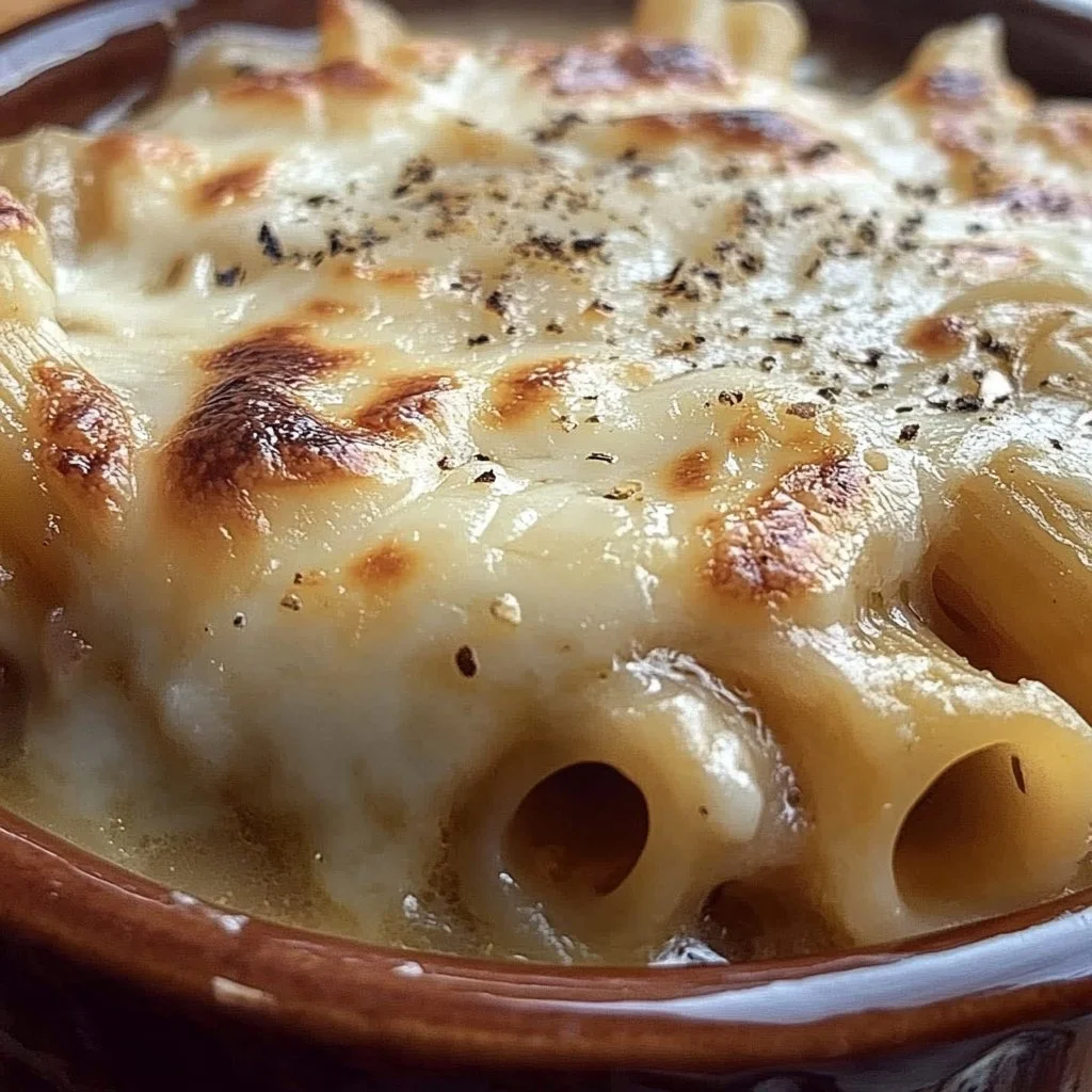 Bowl of hearty French Onion Pasta Soup topped with melted cheese and fresh herbs
