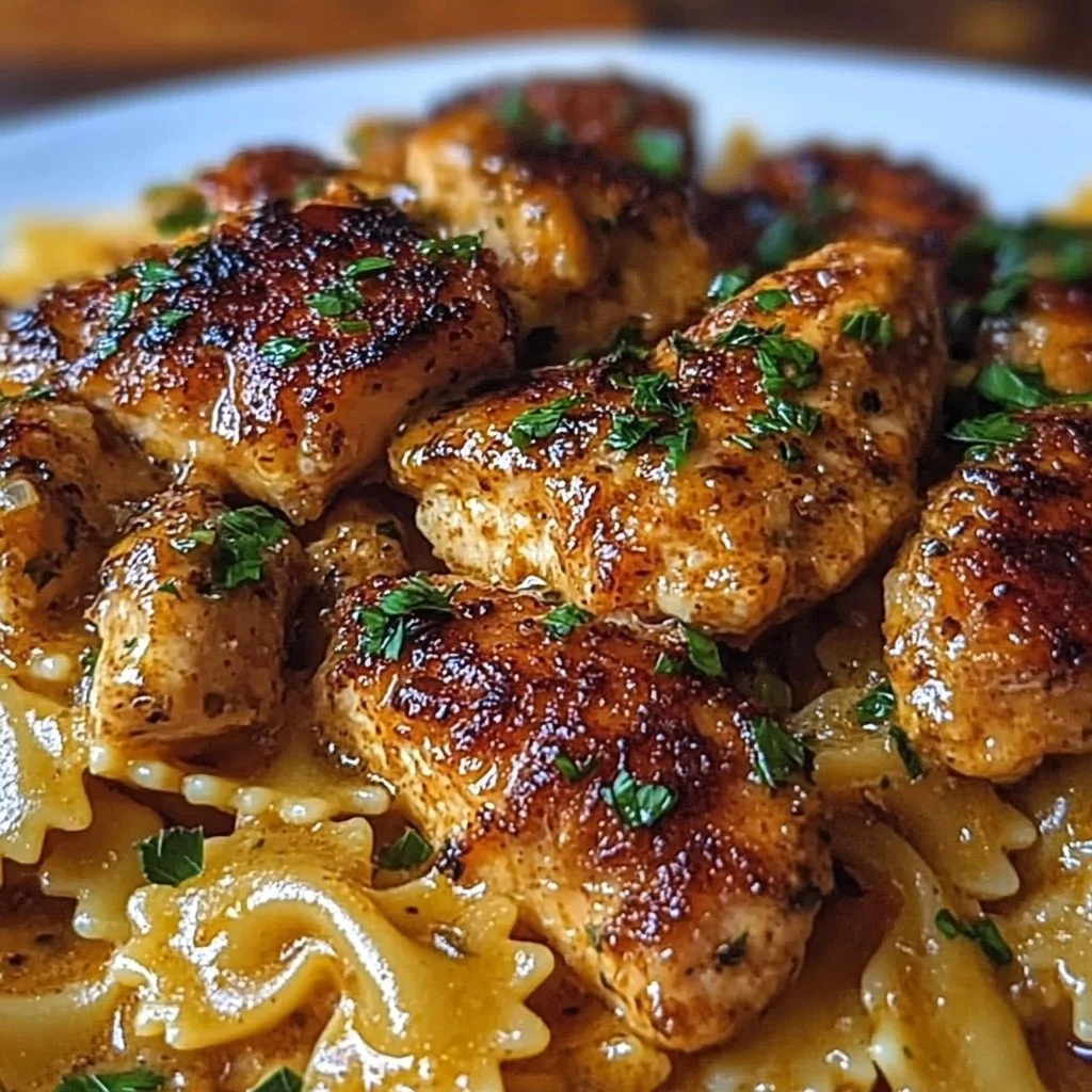 Delicious Garlic Butter Chicken with Bowtie Pasta served on a plate