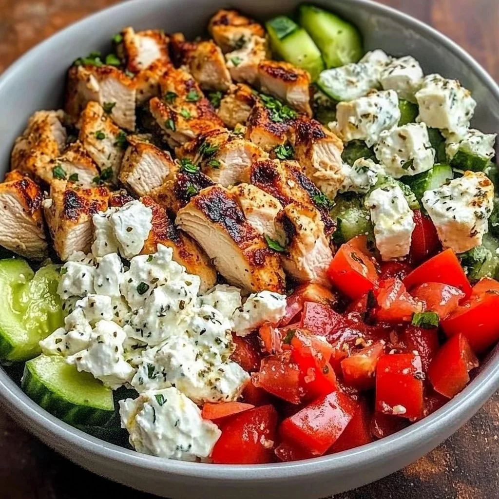 Delicious Greek Chicken Bowls with grilled chicken, vegetables, and feta cheese