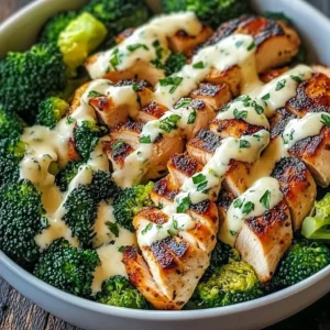 Grilled chicken and broccoli bowl topped with creamy garlic sauce