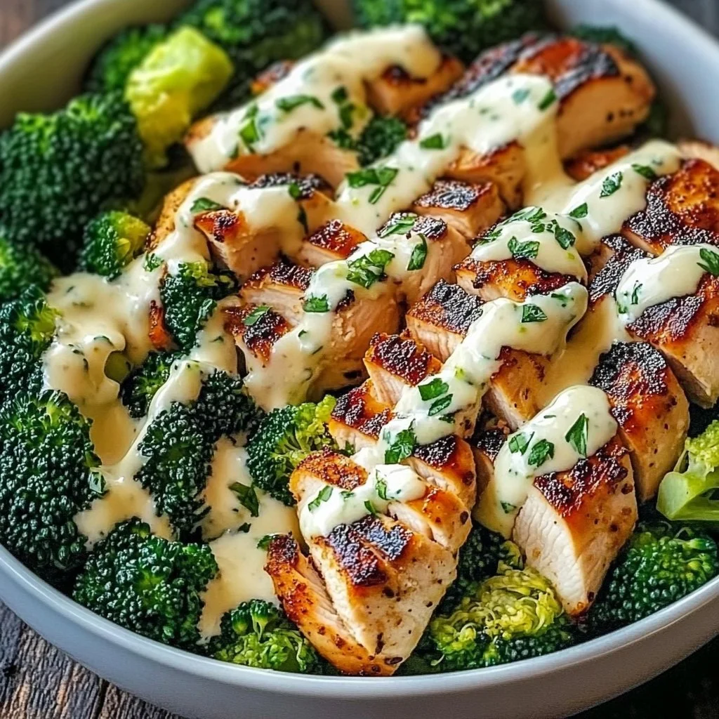 Grilled chicken and broccoli bowl topped with creamy garlic sauce