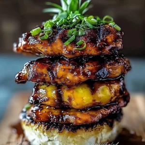 Delicious Hawaiian Huli Huli Chicken Stack served with fresh garnishes