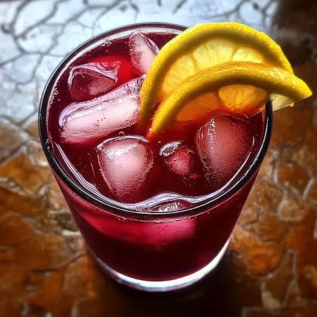 Refreshing hibiscus lemonade served in a glass with ice and lemon slices