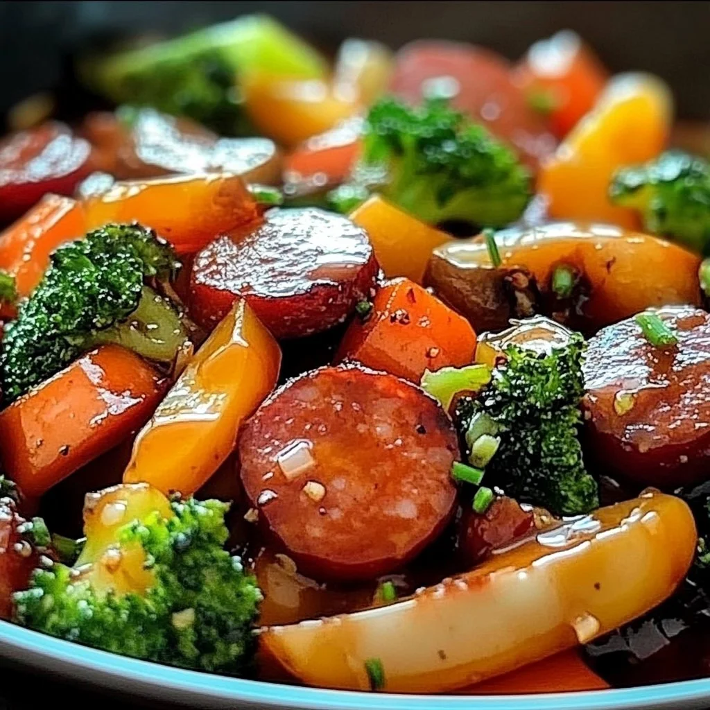 Delicious Honey Garlic Kielbasa served with fresh vegetables