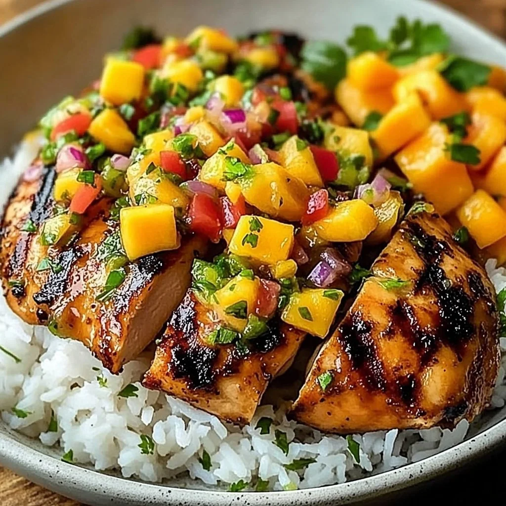 Honey Lime Chicken served with vibrant Mango Salsa on a plate