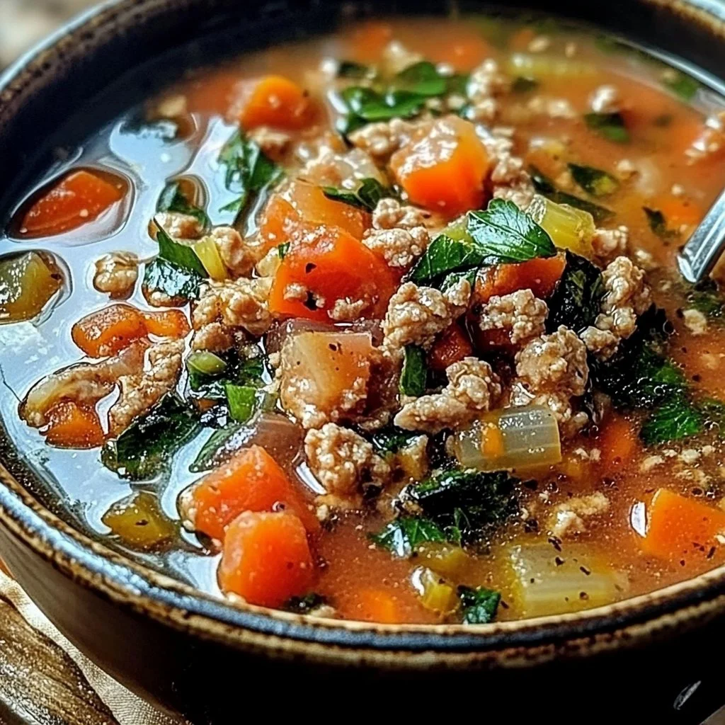 A bowl of Italian Ground Chicken Soup garnished with fresh herbs and vegetables