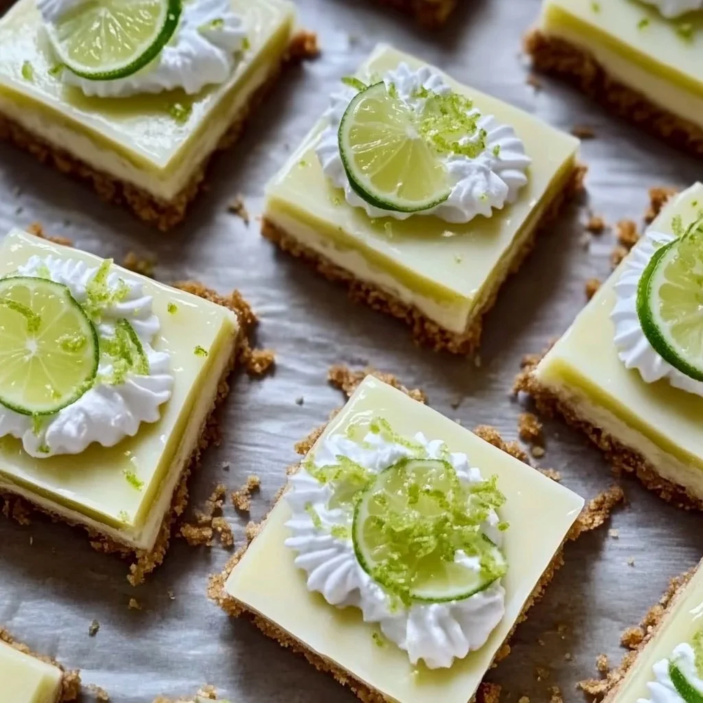 Delicious Key Lime Pie Bars topped with whipped cream and lime zest