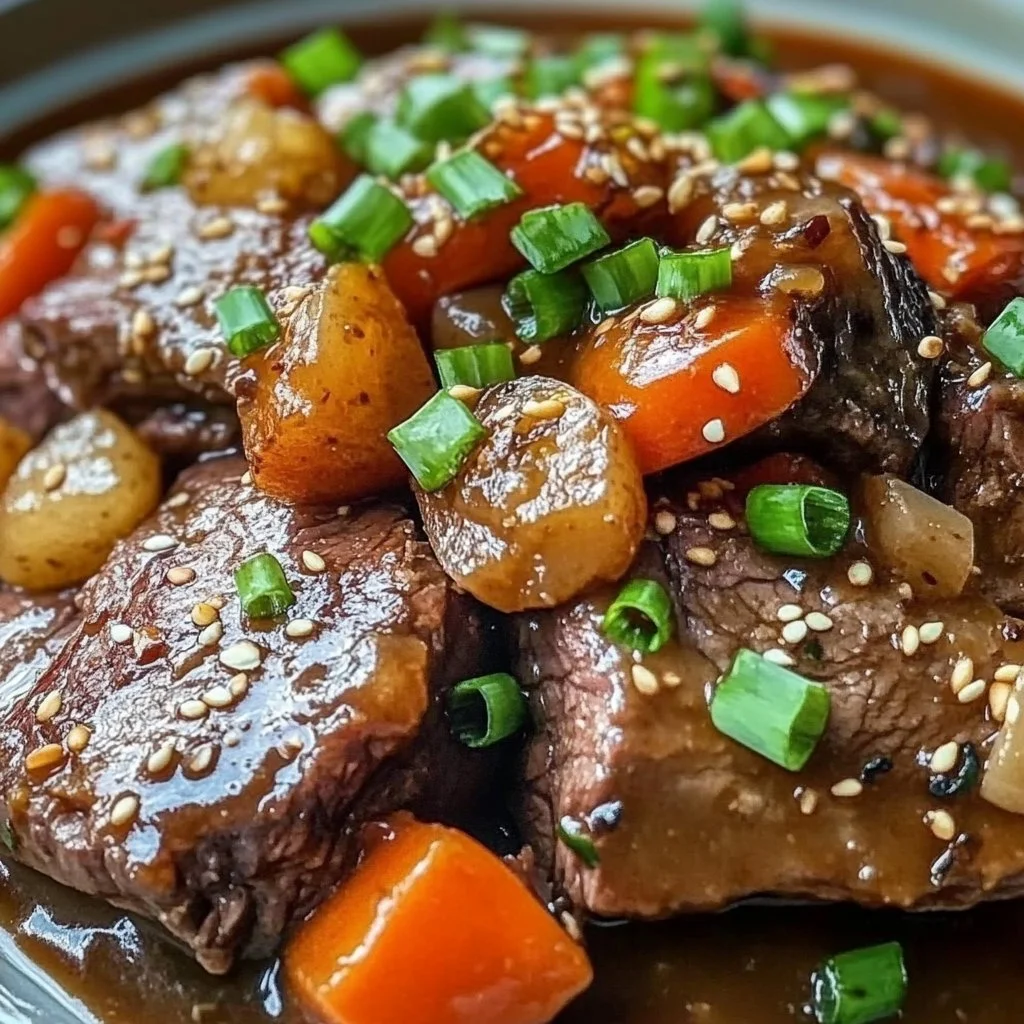 Delicious Korean Pot Roast with vegetables and spices in a serving dish.