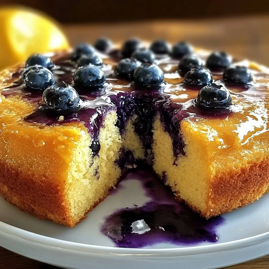 A freshly baked Lemon Blueberry Pound Cake with lemon glaze and blueberries.