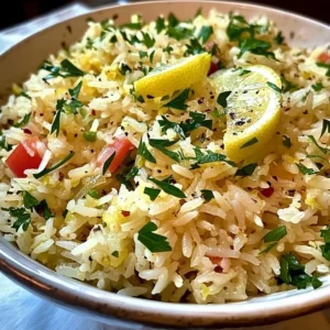 Bowl of flavorful Lemon Rice Mediterranean with fresh herbs and lemon slices