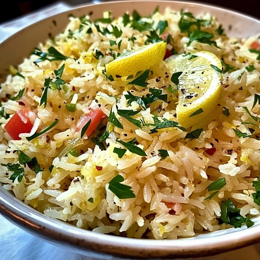 Bowl of flavorful Lemon Rice Mediterranean with fresh herbs and lemon slices