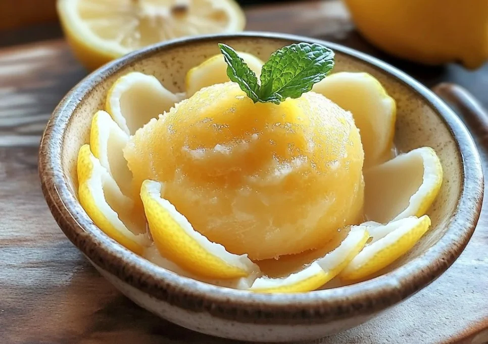 Lemon sorbet served in hollowed lemon shells for a zesty dessert experience